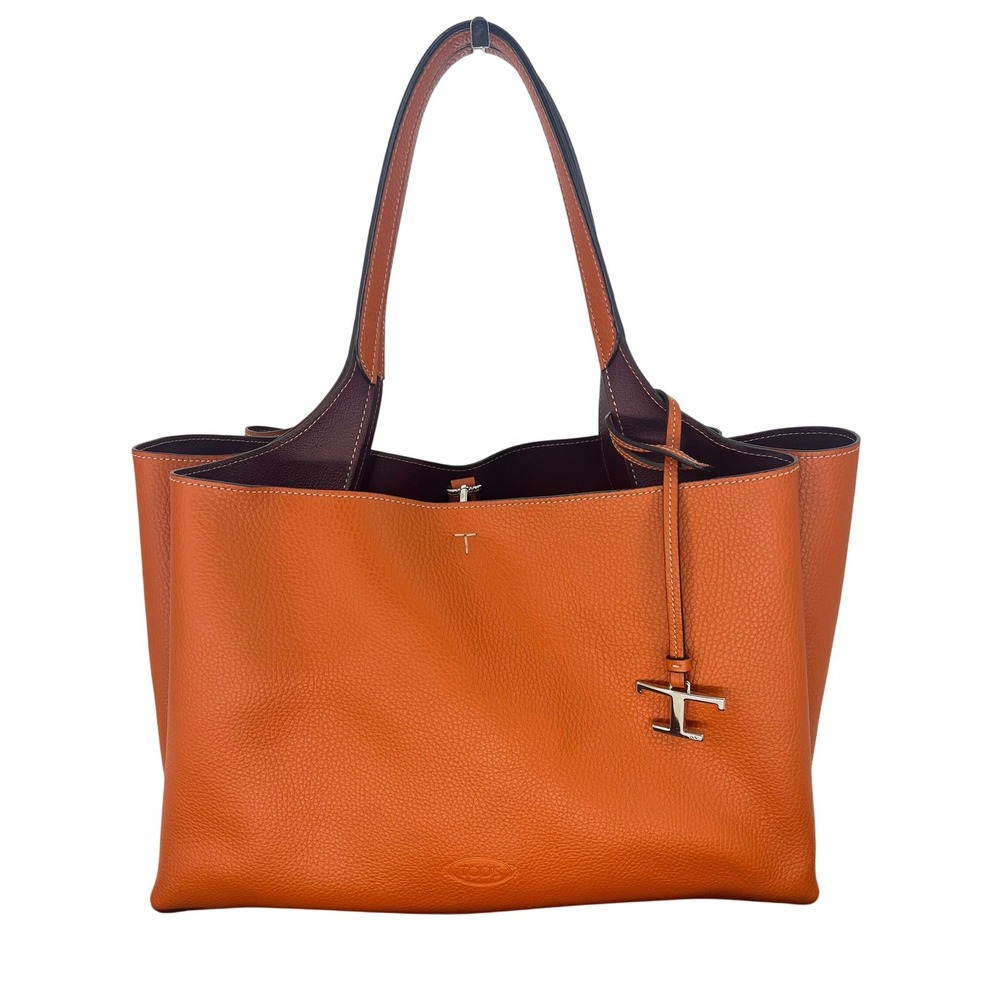 Tod's Medium Leather Tote Bag Orange Burgundy - Picture 5 of 16